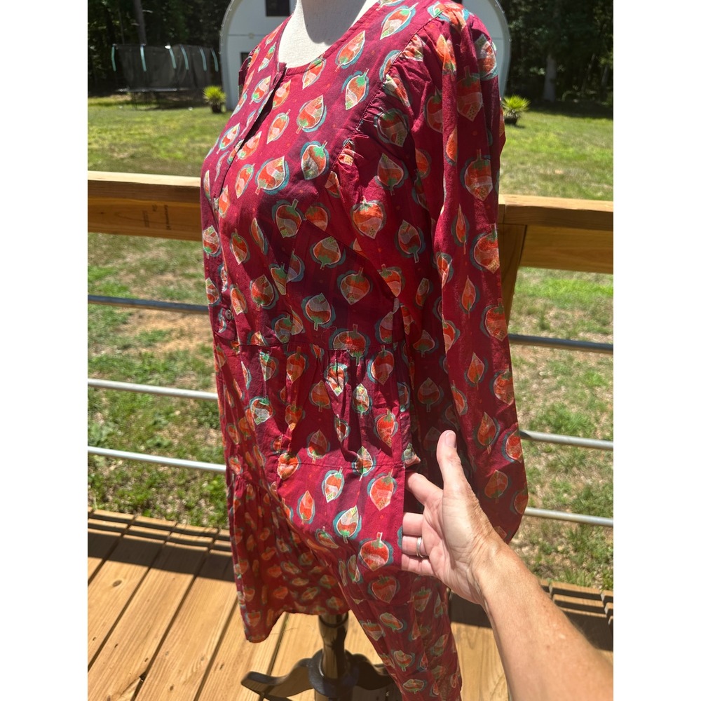 Gudrun Sjoden Red Leaf Print Organic Cotton Tiered Midi Dress Women Size S Artsy - Picture 3 of 8